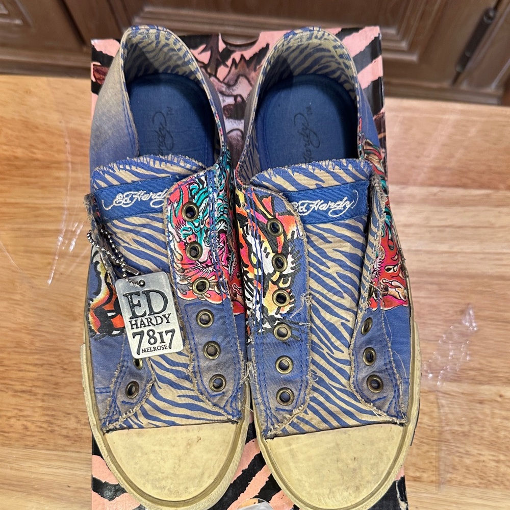 Ed Hardy Zebra Print Sneakers - Blue and Tan